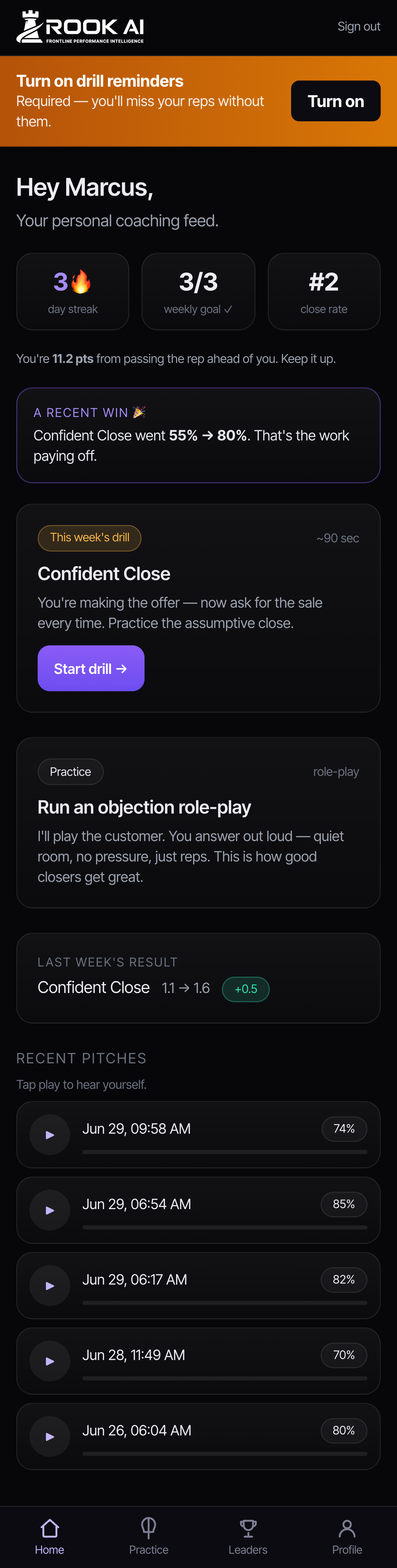 Attendant app home with streak, weekly goal and daily drill